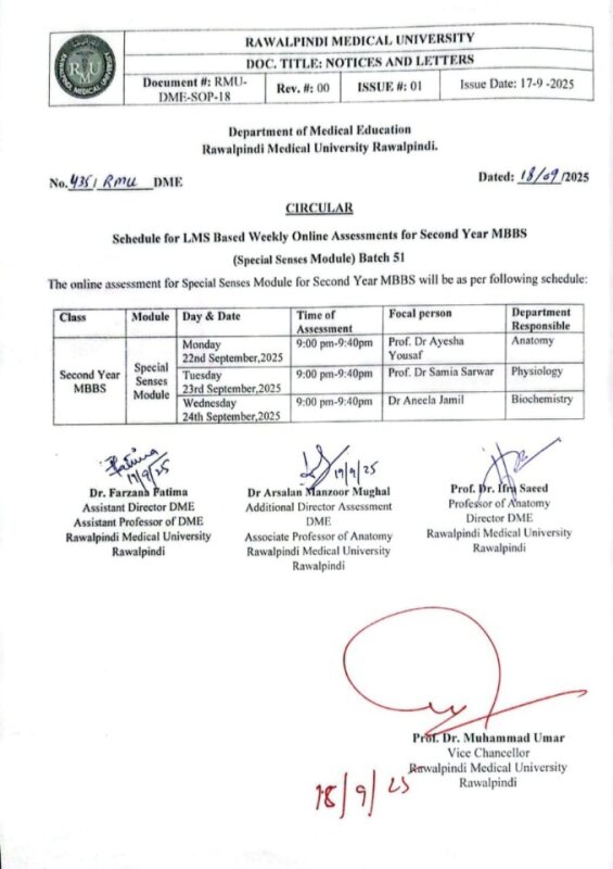 Date sheet special senses module 2nd year MBBS .jpg