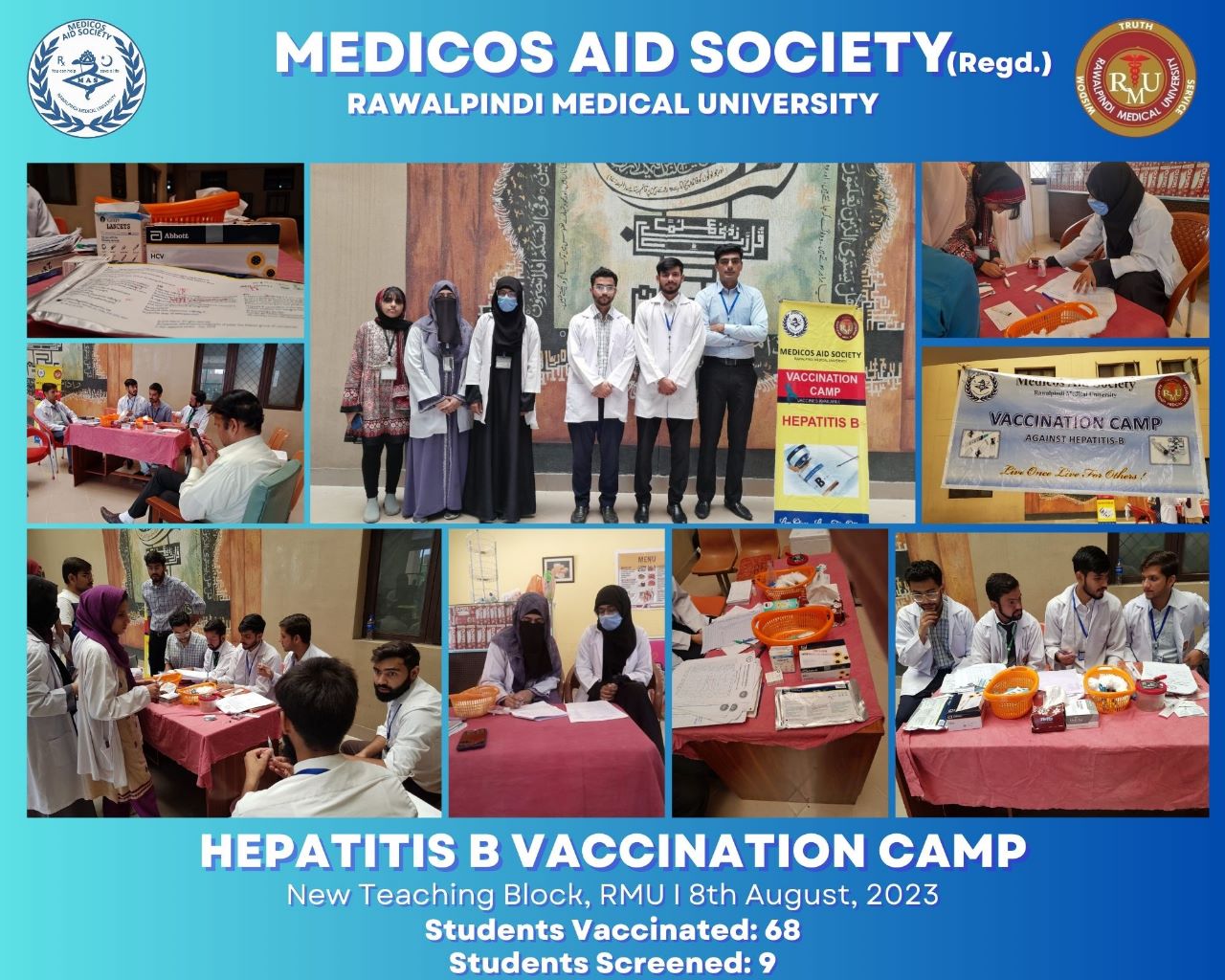 Vaccination & screening camp against Hepatitis B on Tuesday, 8th August, 2023 at New Teaching Block, RMUM  Vaccinated: 68 Screened: 9