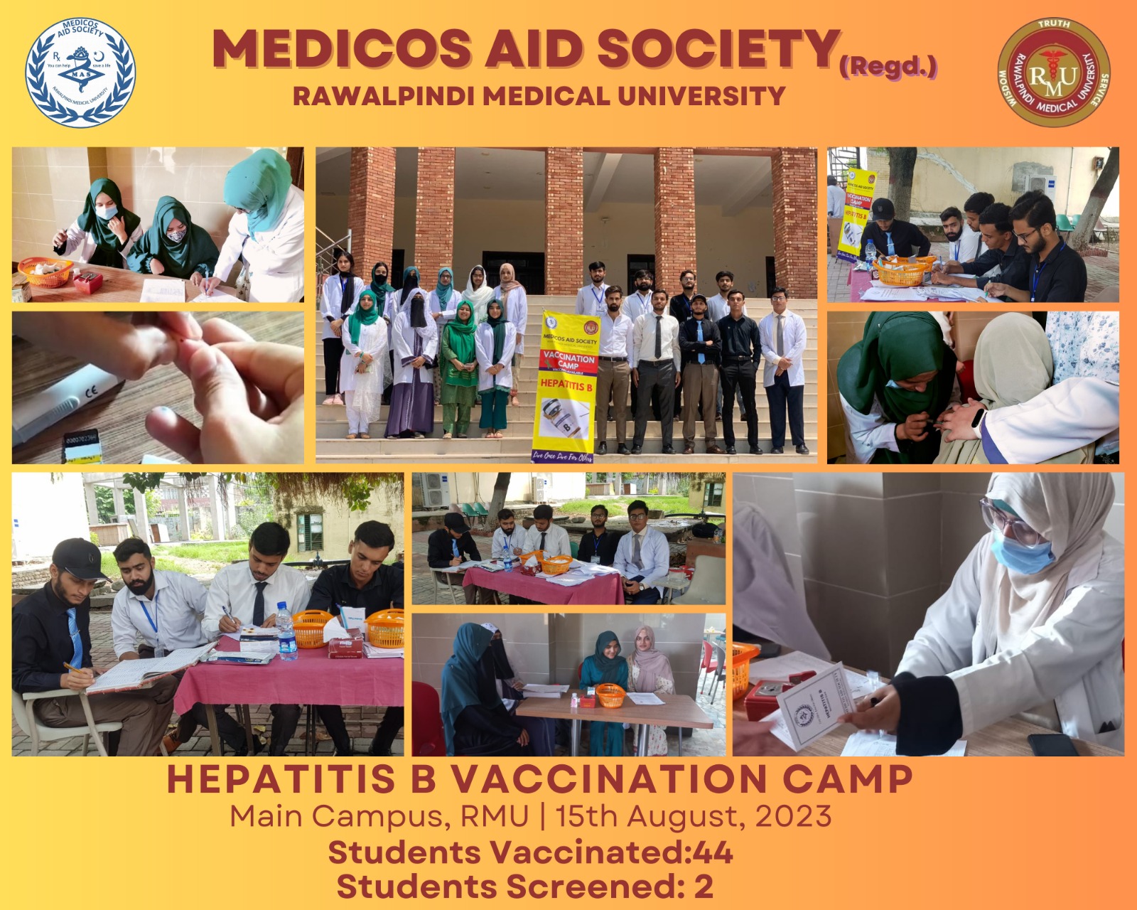 Vaccination & screening camp against Hepatitis B on  Tuesday, 15th August, 2023  at Main Campus, RMU  Vaccinated: 44  Screened: 2