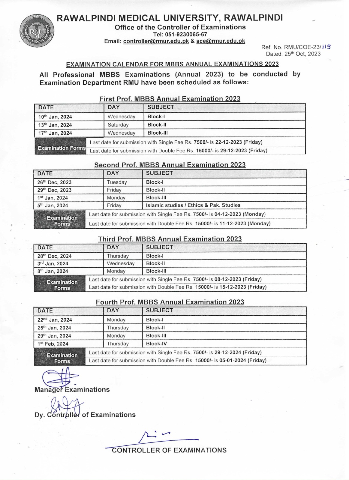 Examination Calendar for MBBS Annual Examination 2023 RAWALPINDI