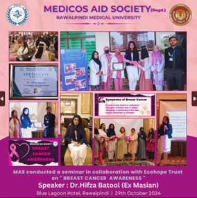 Medicos Aid Society, in collaboration with Ecohope, hosted an impactful Breast Cancer Awareness Seminar, led by esteemed speaker Dr. Hifza Batool. Together, we’re spreading knowledge, support, and hope in the fight against breast cancer."