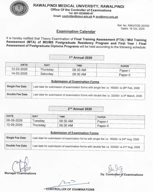 Datesheet for MD/MS and Diploma exam