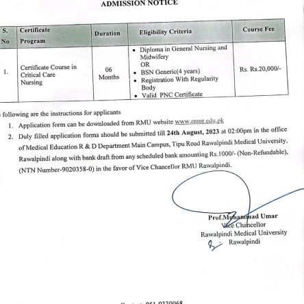 Admission Notice for Certificate Course in Critical Care Nursing